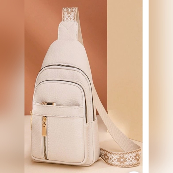 Handbags - Adjustable Crossbody Sling Bag with Embroidered Guitar Strap In Cream